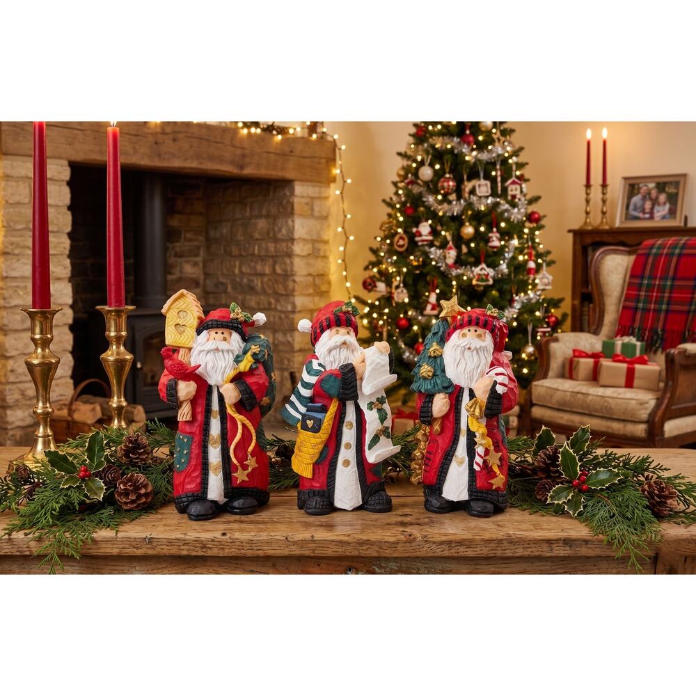 Set of 3 Rustic Primitive Resin Santa Figurines | Folk Art Christmas Decor
